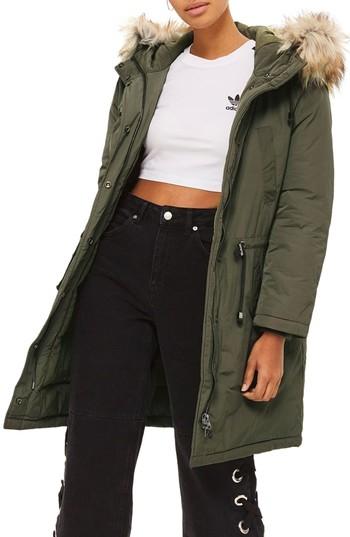 Women's Topshop Monty Faux Fur Trim Hooded Long Parka Us (fits Like 0) - Green
