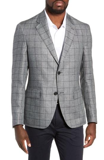 Men's Nordstrom Men's Shop Trim Fit Windowpane Linen Sport Coat S - Grey