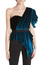 Women's Self-portrait Bicolor One-shoulder Velvet Top - Blue