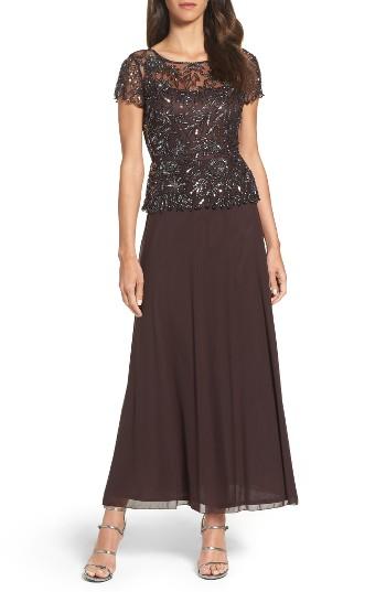 Women's Pisarro Nights Beaded Mesh Mock Two-piece Gown - Brown