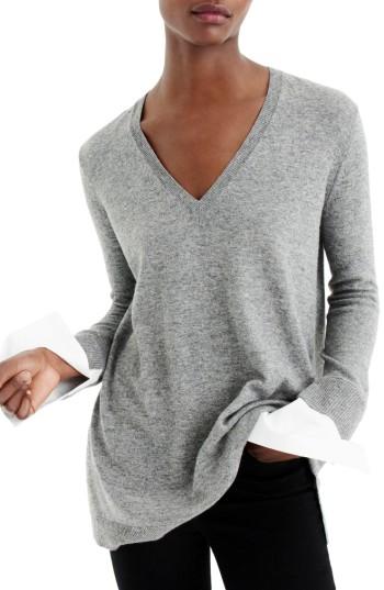 Women's J.crew V-neck Sweater With Shirt Cuffs - Grey