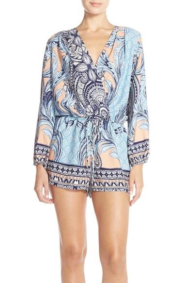 Women's Fraiche By J Print Long Sleeve Romper - Blue