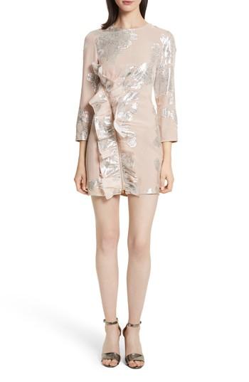 Women's Self-portrait Metallic Fil Coupe Ruffle Minidress - Pink