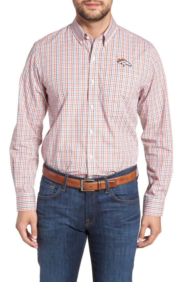 Men's Cutter & Buck Denver Broncos - Gilman Regular Fit Plaid Sport Shirt, Size - Orange