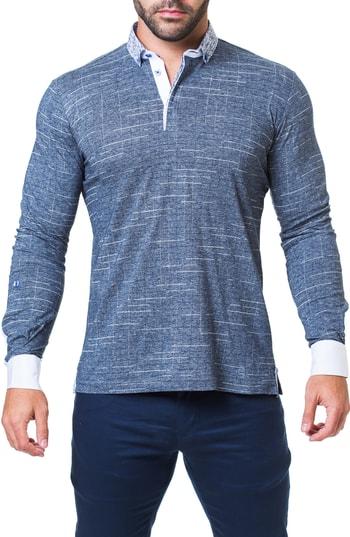 Men's Maceoo Newton Trim Fit Check Long Sleeve Polo (s) - Blue