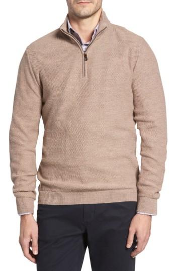 Men's David Donahue Honeycomb Merino Wool Quarter Zip Pullover - Brown