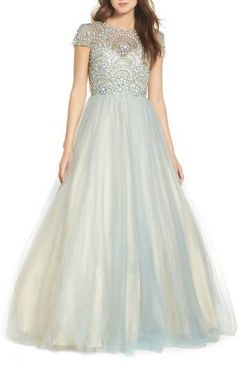Women's Mac Duggal Beaded Bodice Tulle Ballgown - Blue