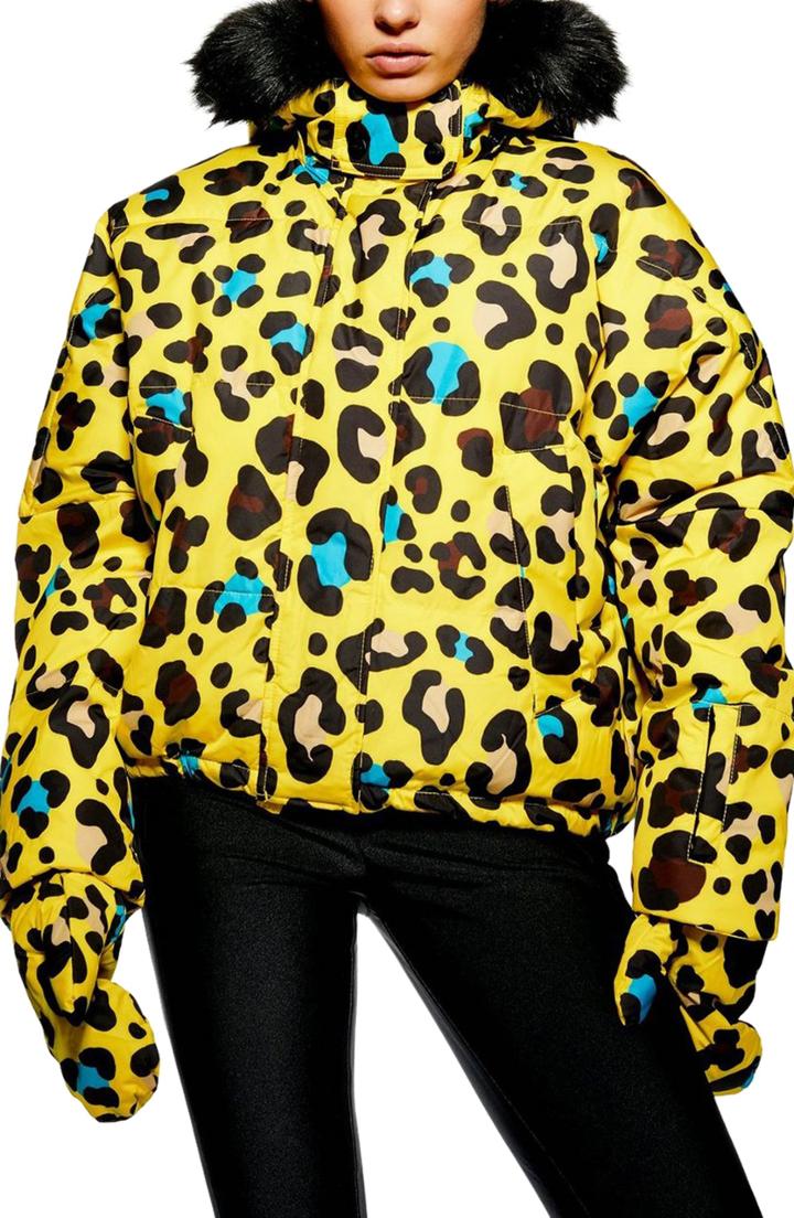 Women's Topshop Piper Water Repellent Leopard Print Jacket & Mittens Set