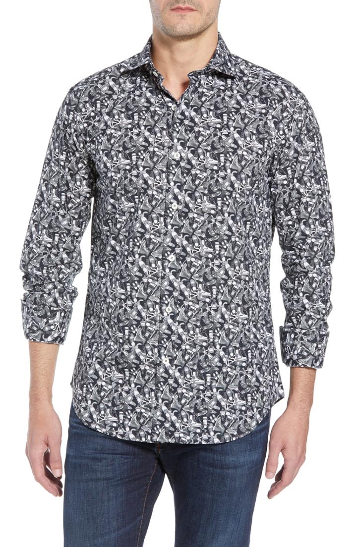 Men's Bugatchi Shaped Fit Boots & Belts Print Sport Shirt, Size - Purple