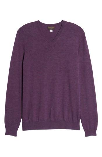 Men's Thomas Dean Merino Wool Blend V-neck Sweater, Size - Purple