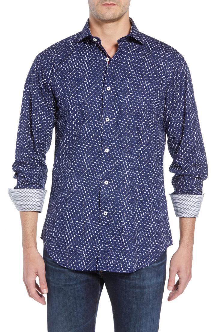 Men's Bugatchi Shaped Fit Crowded Dot Print Sport Shirt, Size - Blue
