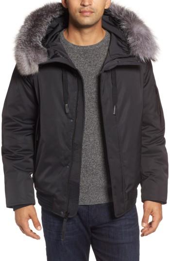 Men's Andrew Marc Bomber Jacket With Genuine Fox Fur Trim - Black