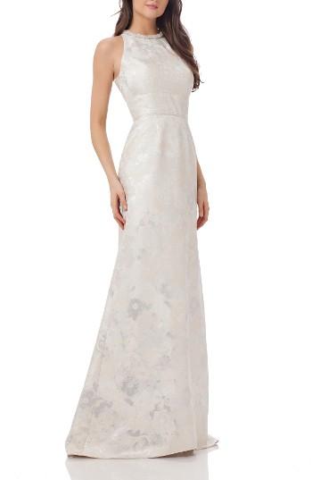 Women's Carmen Marc Valvo Infusion Embellished Brocade Gown - Metallic