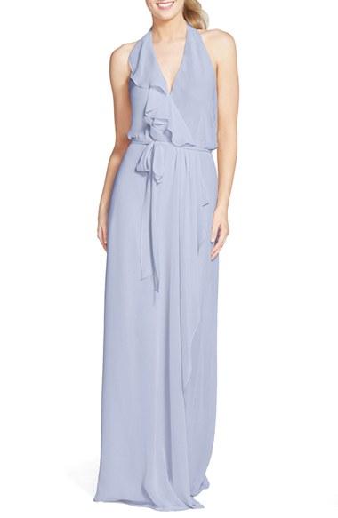 Women's Nouvelle Amsale 'erica' Ruffle Chiffon Halter Neck Wrap Gown