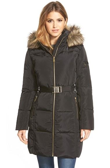 Women's Michael Michael Kors Faux Fur Trim Belted Down & Feather Fill Parka - Black