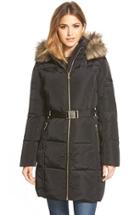Women's Michael Michael Kors Faux Fur Trim Belted Down & Feather Fill Parka - Black
