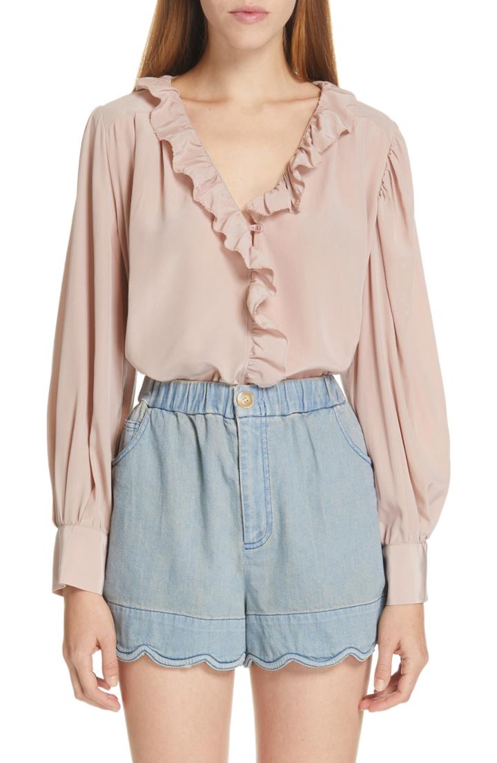 Women's Sea Santorini Ruffle Trim Silk Blouse - Pink