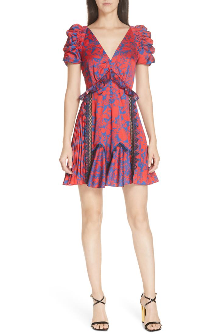 Women's Self-portrait Floral Print Lace & Ruffle Trim Satin Minidress - Red
