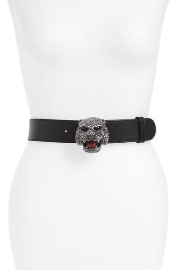 Women's Gucci Tiger Buckle Calfskin Leather Belt - Black