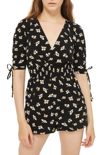 Women's Topshop Tie Sleeve Floral Romper Us (fits Like 0) - Black