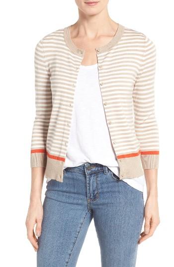 Women's Halogen Three Quarter Sleeve Crewneck Cardigan - Beige