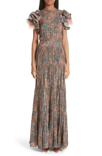 Women's Johanna Ortiz Ruffle & Feather Sleeve Silk Gown - Coral