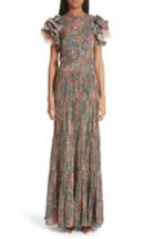 Women's Johanna Ortiz Ruffle & Feather Sleeve Silk Gown - Coral