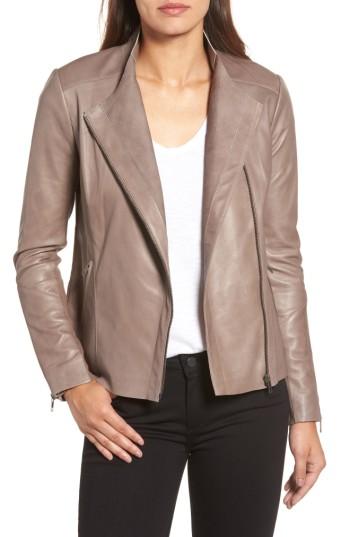 Petite Women's Halogen Asymmetrical Leather Jacket P - Beige