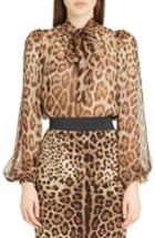 Women's Dolce & Gabbana Leopard Print Silk Tie Neck Blouse