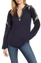 Women's Lucky Brand Embroidered Sleeve Peasant Top - Blue