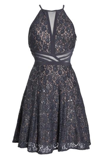 Women's Morgan & Co. Sheer Inset Lace Fit & Flare Dress /4 - Grey