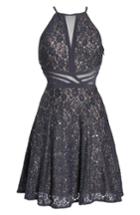 Women's Morgan & Co. Sheer Inset Lace Fit & Flare Dress /4 - Grey