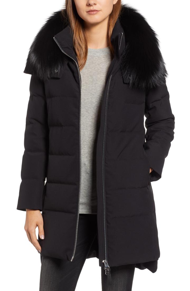 Women's Derek Lam 10 Crosby Allover Stretch Down Coat With Genuine Fox Fur Trim - Black