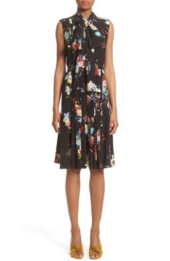 Women's Erdem Richelle Tie Neck Floral Print Silk Crepe De Chine Dress Us / 12 Uk - Black