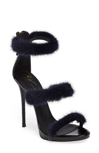Women's Giuseppe Zanotti Genuine Mink Fur Triple Band Sandal .5 M - Blue
