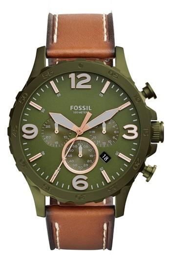 Men's Fossil Nate Chronograph Leather Strap Watch, 50mm
