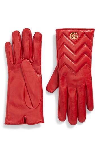 Women's Gucci Gg Marmont Cashmere Lined Leather Gloves - Red