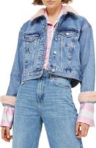 Women's Topshop Tilda Faux Fur Crop Denim Jacket Us (fits Like 0-2) - Blue