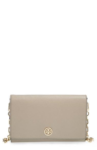 Women's Tory Burch 'robinson' Leather Wallet On A Chain - Grey
