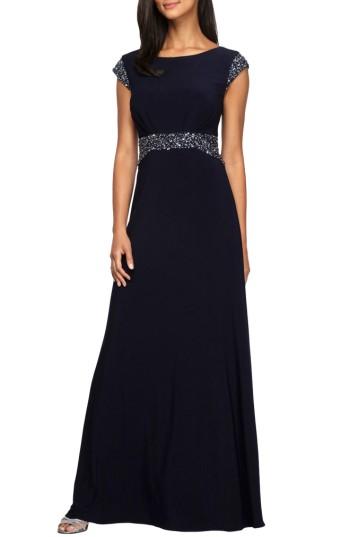 Women's Alex Evenings Embellished Cap Sleeve A-line Gown - Blue