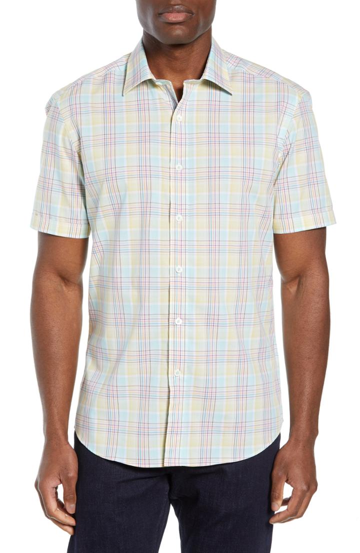 Men's Bugatchi Shaped Fit Plaid Sport Shirt, Size - Yellow