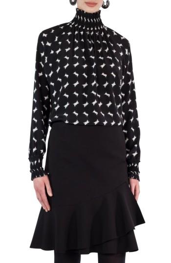 Women's Akris Punto Smock Ruffle Print Silk Blouse - Black
