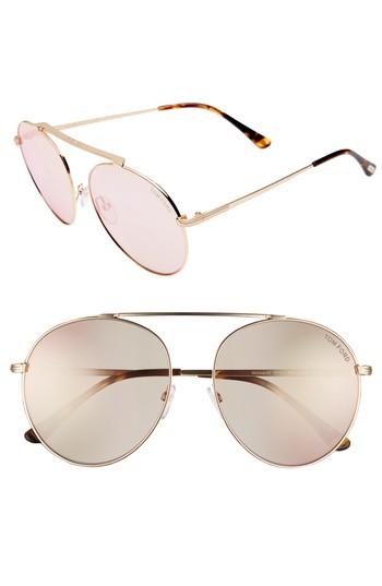 Women's Tom Ford Simone 58mm Gradient Mirrored Round Sunglasses - Rose Gold/ Light Brown Flash