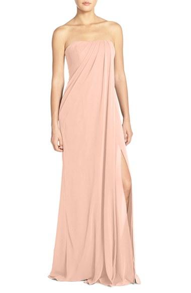 Women's Jenny Yoo 'raquel' Front Slit Strapless Chiffon Gown - Pink