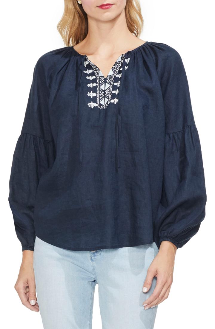 Women's Vince Camuto Linen Peasant Top, Size - Blue