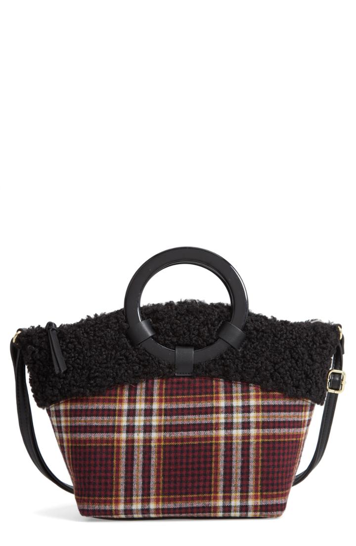 Bp. Ring Handle Plaid Tote With Faux Shearling Trim -