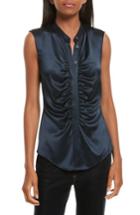 Women's Theory Ruched Fitted Stretch Silk Blouse - Blue/green