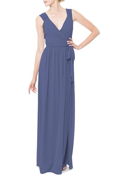 Women's Ceremony By Joanna August 'newbury' Gathered Sleeve Chiffon Wrap Gown, Size - Blue