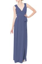 Women's Ceremony By Joanna August 'newbury' Gathered Sleeve Chiffon Wrap Gown, Size - Blue