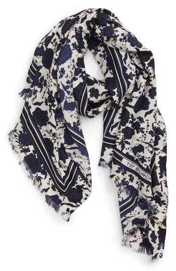 Women's Tory Burch Happy Times Floral Silk Scarf, Size - Black